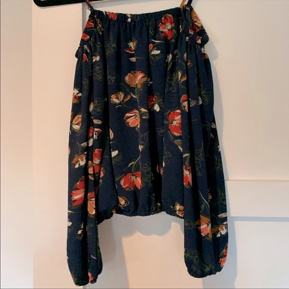 Navy Blue Floral Off Shoulder Long Sleeve